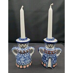 Polish Pottery Floral Man & Woman Candlesticks Unikat Pasierbiewicz Anna 57A